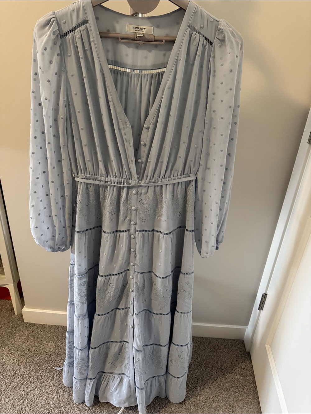 Ever New Light Blue Button-Through Maxi Dress with Sheer Dotted Sleeves